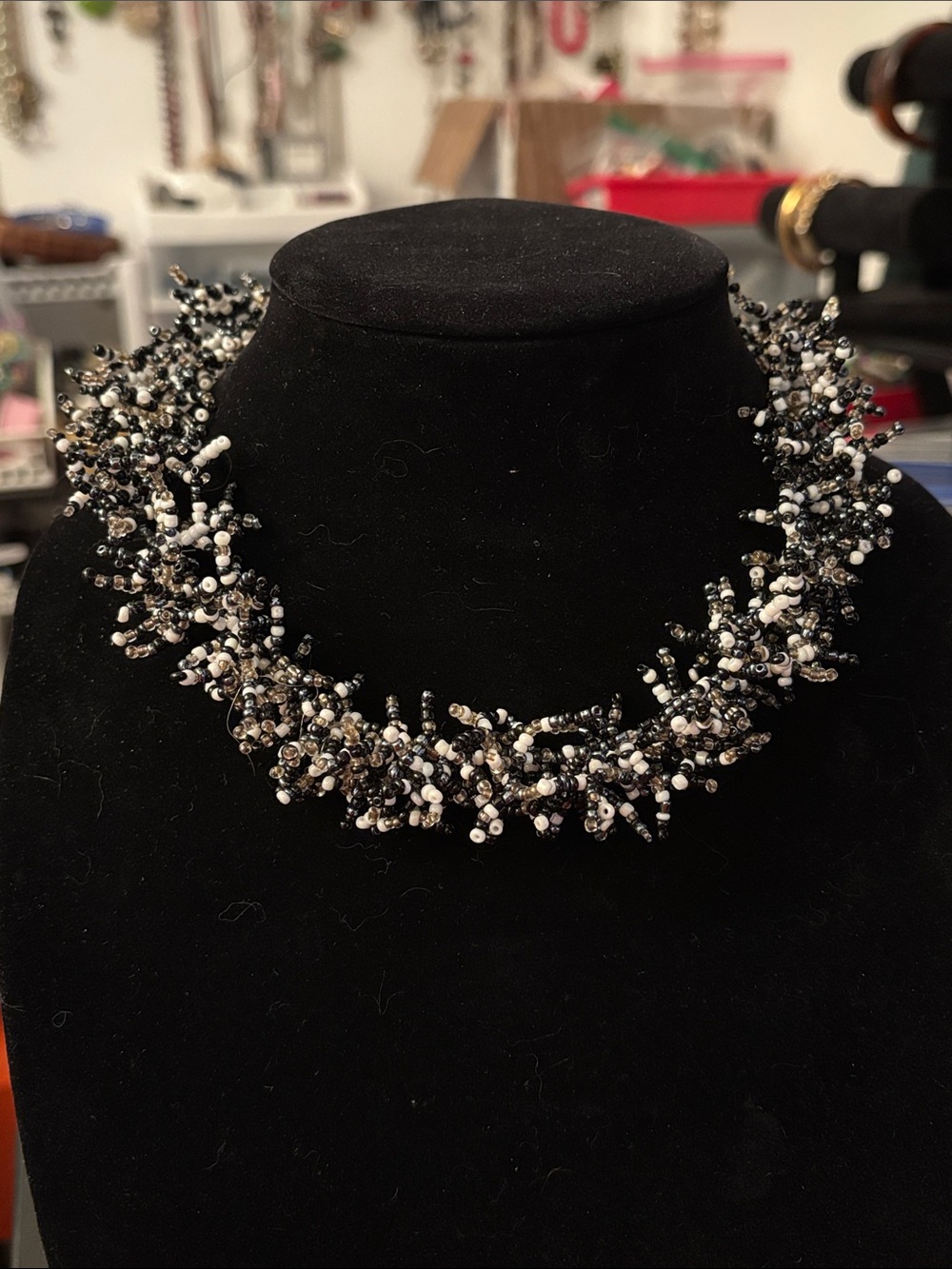 Hand Crafted Black and White Cluster Beaded Collar Necklace